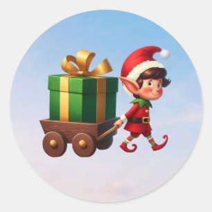 A cute Christmas Elf pulling a wagon with a gift Classic Round Sticker