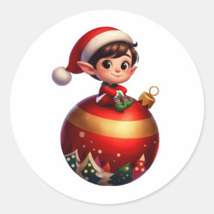 A cute Christmas Elf sitting on a giant ornament Classic Round Sticker