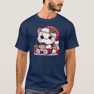 A Cute Christmas Kawaii Cat Drinking Coffee T-Shirt