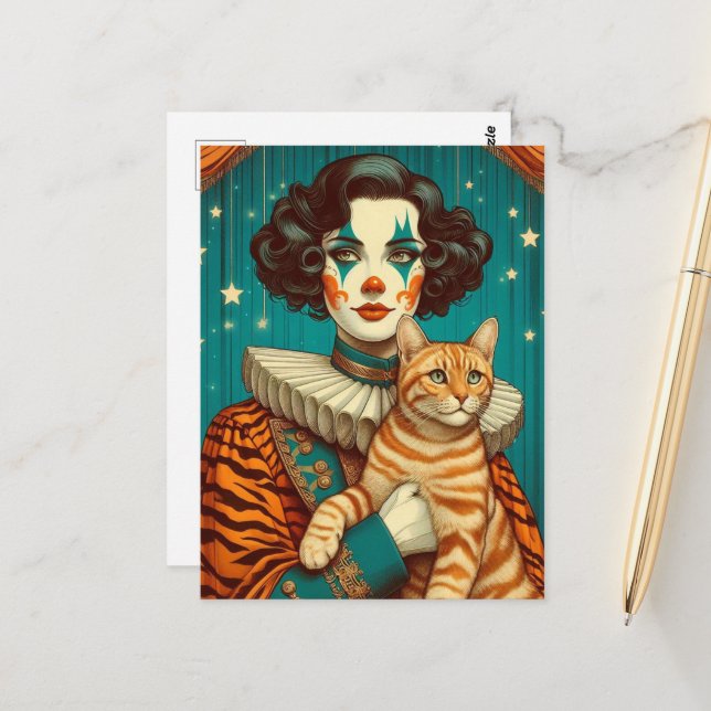 A Cute Clown and Tabby Ginger Cat Postcard (Front/Back In Situ)