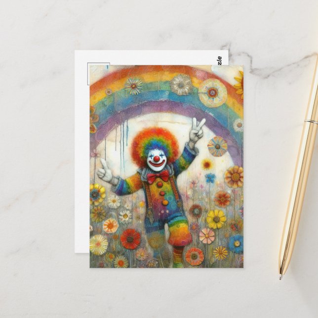 A Cute Clown in a Rainbow Meadow Postcard (Front/Back In Situ)