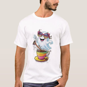 A cute, clumsy ghost spilling coffee or wearing su T-Shirt