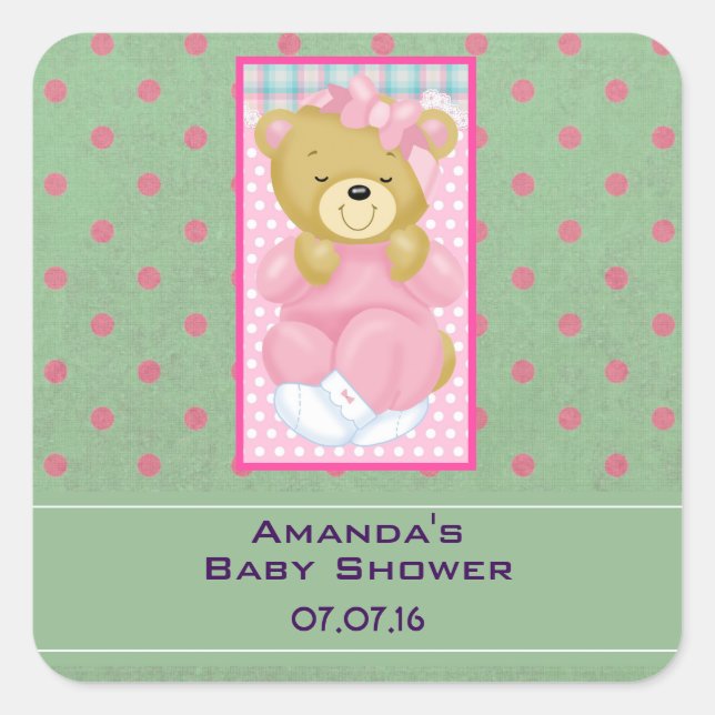 A Cute Cuddly Bear Dressed in Pink Baby Shower Square Sticker (Front)