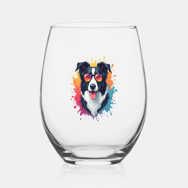 A cute dog Border Collie [RB#10009]  Stemless Wine Glass (Front)