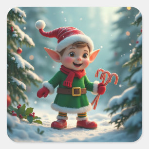 A cute elf with a candy canes square sticker
