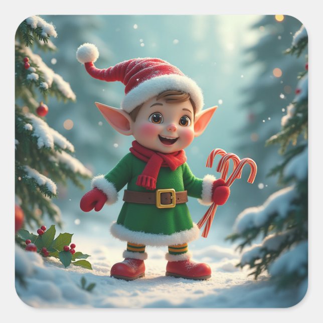 A cute elf with a candy canes square sticker (Front)