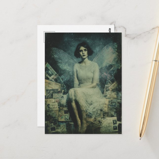 A Cute Fairy Sits on Vintage Postcards Pile (Front/Back In Situ)
