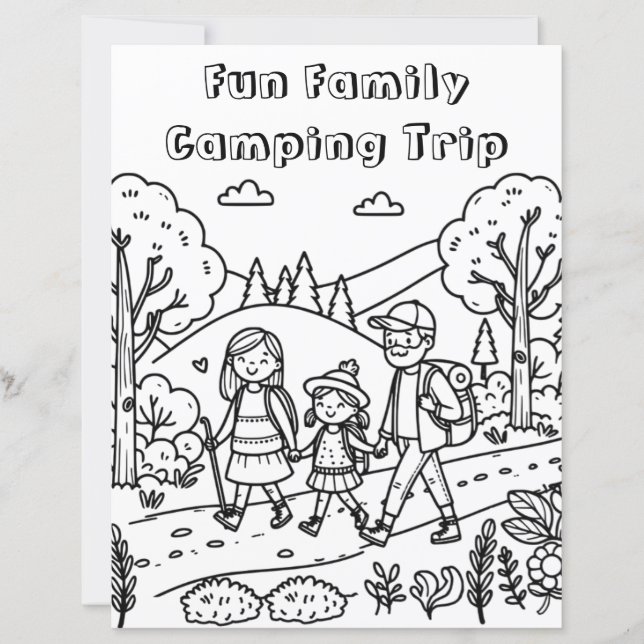 A cute Family Hiking and Camping Colouring Page (Front)
