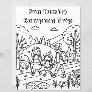 A cute Family Hiking and Camping Colouring Page