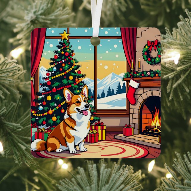 A Cute Festive Corgi Christmas Metal Ornament (Insitu)
