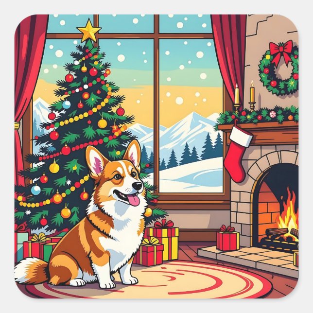A Cute Festive Corgi Christmas Square Sticker (Front)