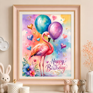 A Cute flamingo with ballons heart birthday  Poster