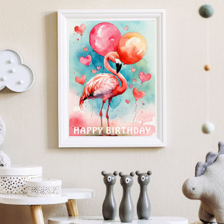A Cute flamingo with ballons heart birthday Poster