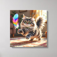 A Cute Fluffy Cat Chasing a Feather