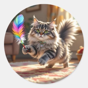 A Cute Fluffy Cat Chasing a Feather Classic Round Sticker