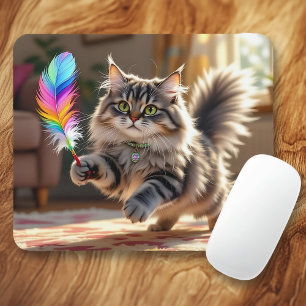 A Cute Fluffy Cat Chasing a Feather Mouse Pad
