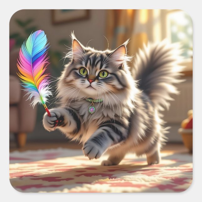A Cute Fluffy Cat Chasing a Feather Square Sticker (Front)