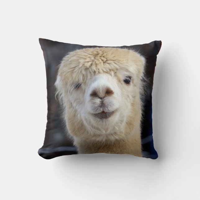 A cute fluffy face of an alpaca throw pillow (Front)