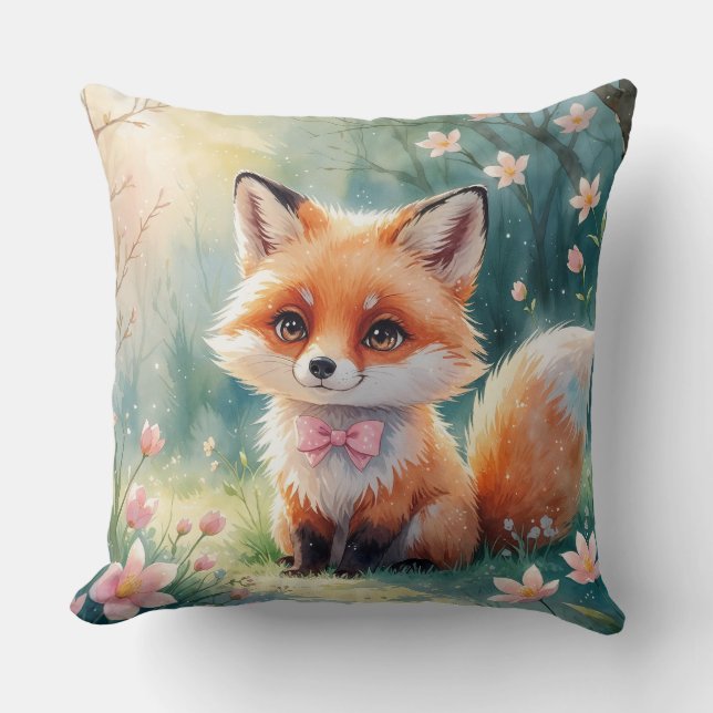 A Cute fox and pink bow Throw Pillow (Front)