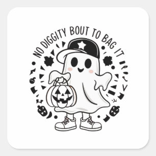 A cute ghost holding a pumpkin candy bag square sticker
