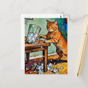 A cute ginger cat knocks over a glass of ice postcard