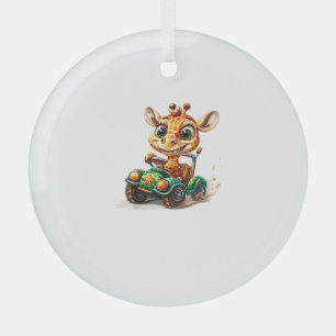 A Cute Giraffe Driving A Car On Road, With A Happy Glass Ornament