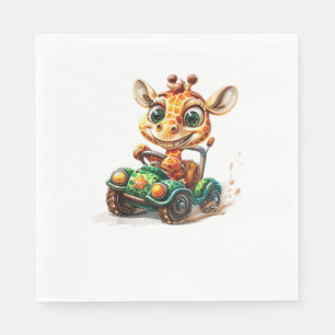 A Cute Giraffe Driving A Car On Road, With A Happy Napkin