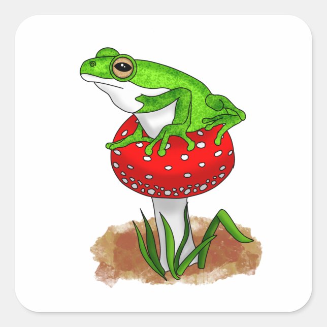 A cute Hand drawn Frog on a Whimsical Mushroom Square Sticker (Front)