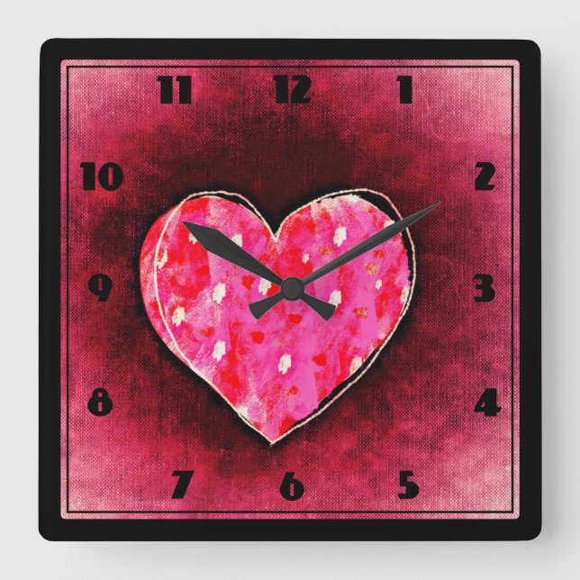 A  Cute Hand Drawn Pink Heart on a Grunge Texture Square Wall Clock (Front)