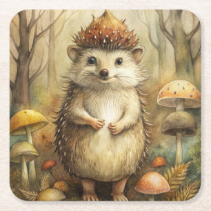 A Cute Hedgehog in Forest Square Paper Coaster