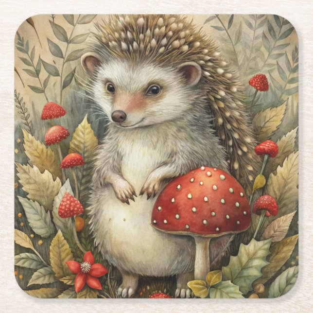 A Cute Hedgehog in Forest Square Paper Coaster (Front)