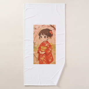A cute Japanese girl in a cherry blossom garden  Bath Towel
