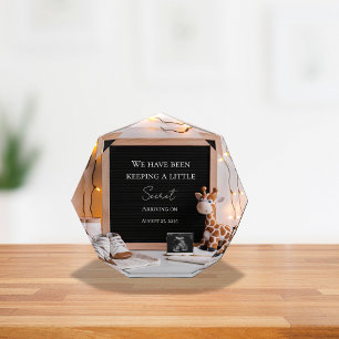 A cute joyful baby giraffe pregnancy announcement photo block