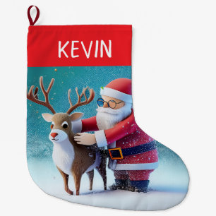 A Cute, Joyful Santa and Rudolf in the Snow Large Christmas Stocking