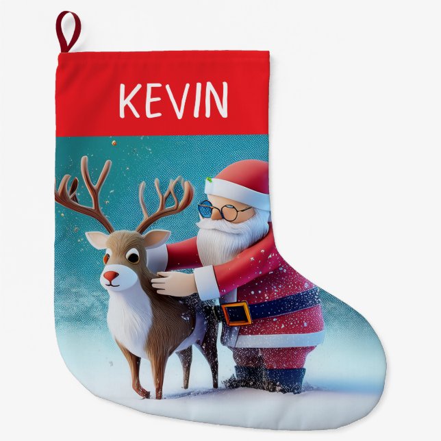 A Cute, Joyful Santa and Rudolf in the Snow Large Christmas Stocking (Front)