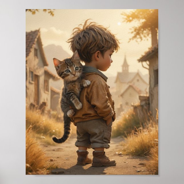 A cute kid and his kitten poster (Front)