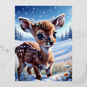 A cute little baby deer on a winter meadow, big r foil holiday postcard