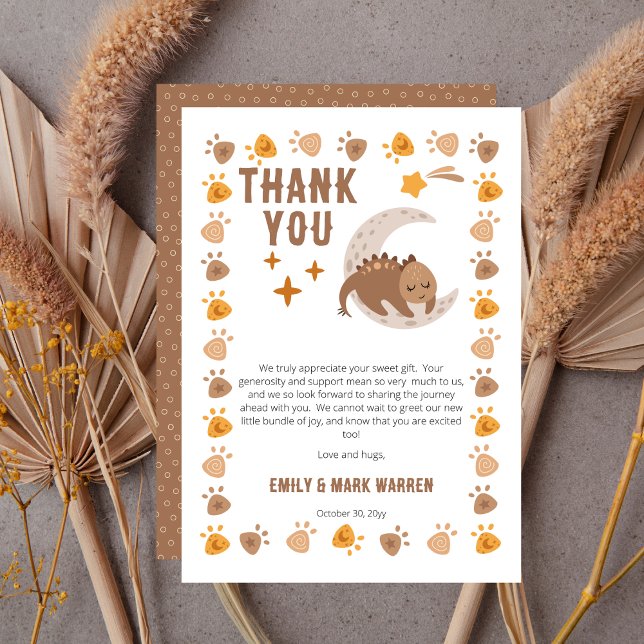 A Cute Little Dinosaur Baby Shower Thank You Card ("A Little Dinosaur Is On The Way!" Cute Boy Baby Shower with Sleeping Dinosaur | Dinosaur Footprints)