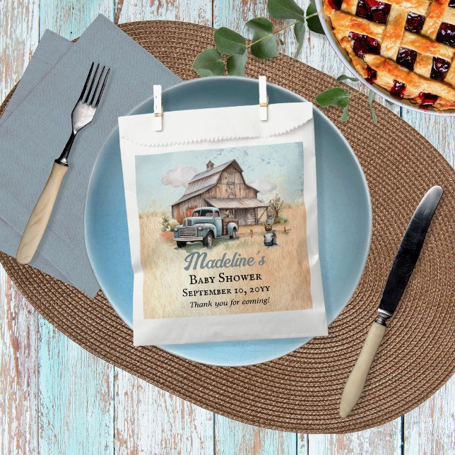 A Cute Little Farmer Baby Boy Shower Thank You Favour Bag ("A Cute Little Farm Boy Is On His Way!" Rustic Barn and Vintage Truck Boy Baby Shower Favor Bags)