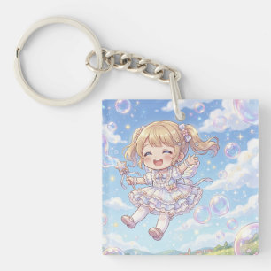 A cute little girl enjoying soap bubbles keychain