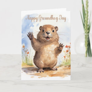 A Cute Little Groundhog Waving with a Shadow Holiday Card