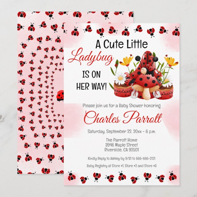 A Cute Little Ladybug Is On Her Way Baby Shower Invitation (Front/Back)