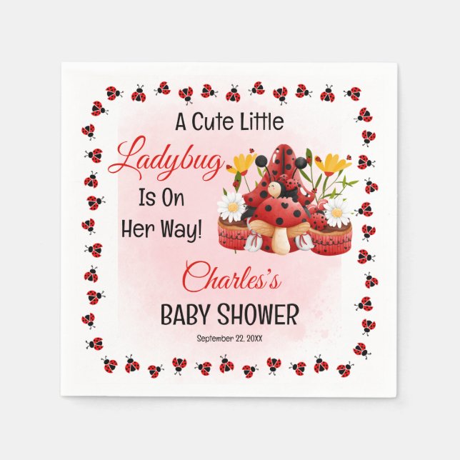 A Cute Little Ladybug Is On Her Way Baby Shower Napkin (Front)