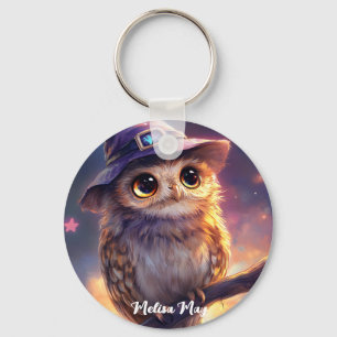 A Cute Owl Wearing a Witch Hat Keychain