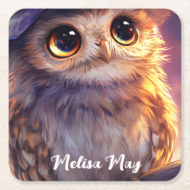 A Cute Owl Wearing a Witch Hat  Square Paper Coaster (Front)