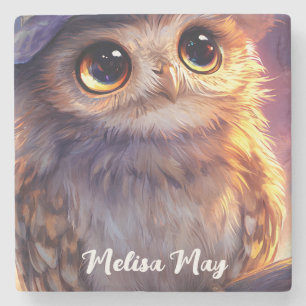 A Cute Owl Wearing a Witch Hat  Stone Coaster