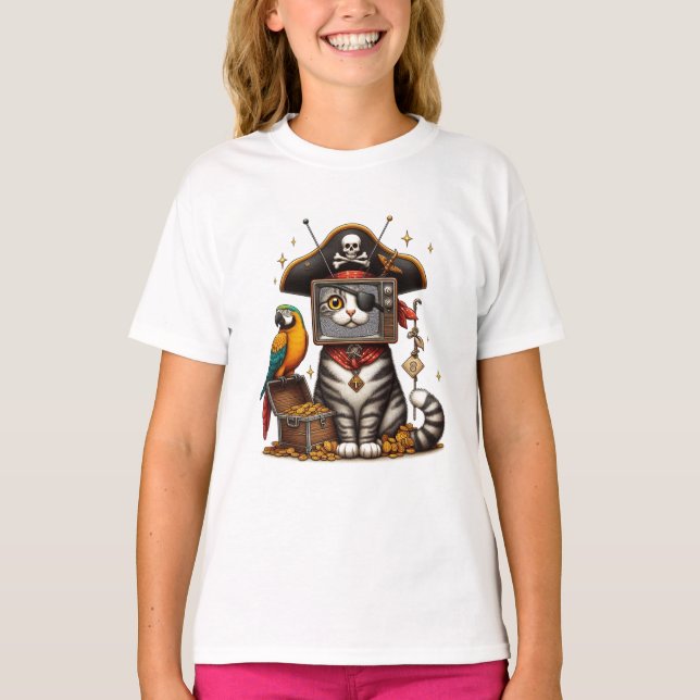A cute Pirate Cat with TV on head T-Shirt (Front)