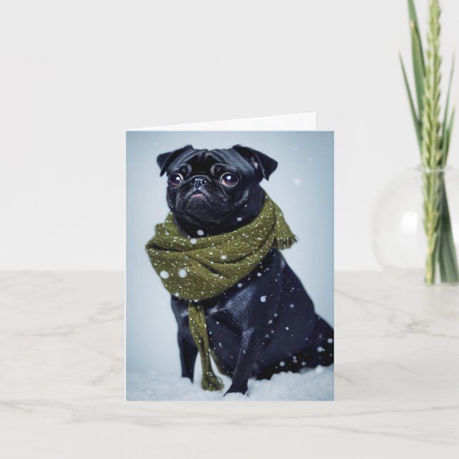 A Cute Pug Puppy in a Green Winter Scarf Card (Front)