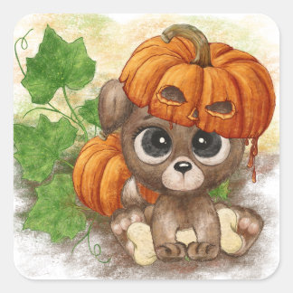 A cute puppy in a pumpkin hat  square sticker
