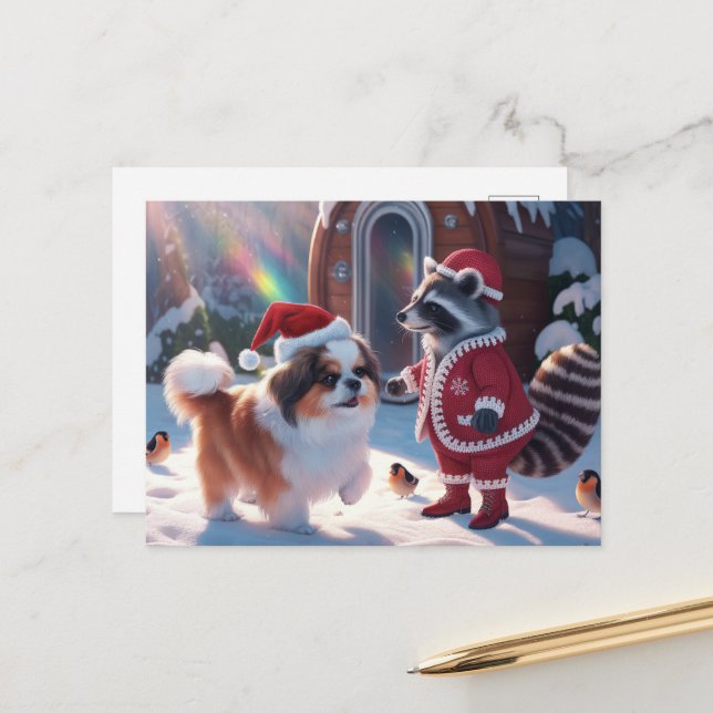 A Cute Raccoon and Very Cute Dog Festive Christmas Postcard (Front/Back In Situ)